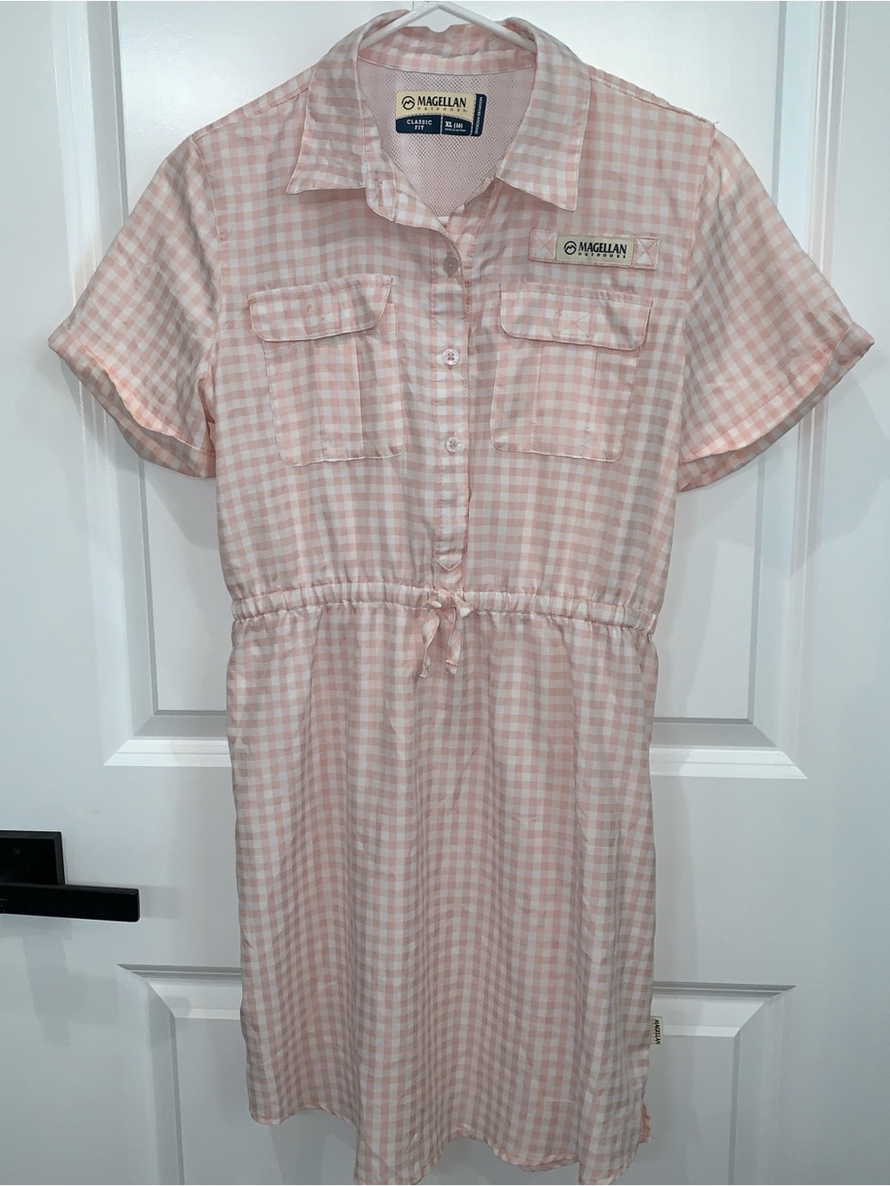 Magellan Outdoors Pink Gingham Drawstring Waist Shirt Dress